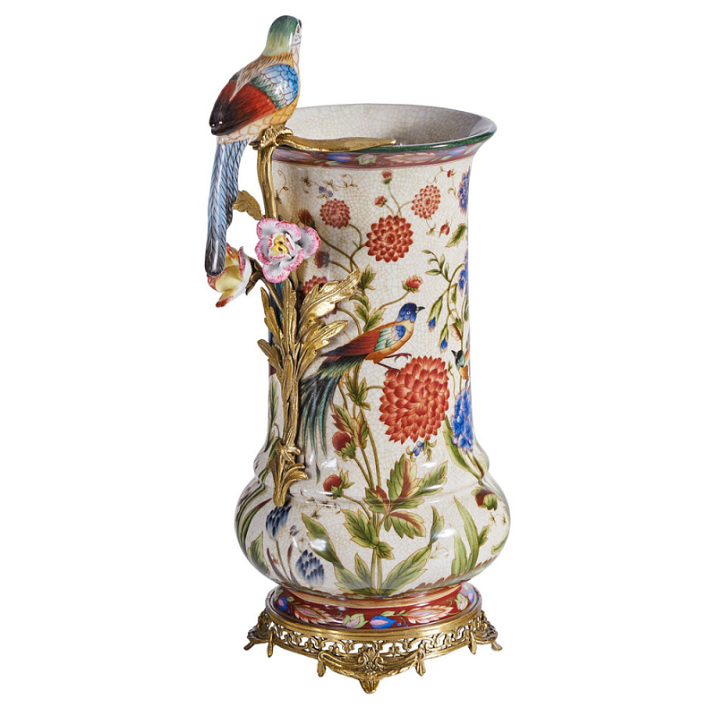 Ваза фарфоровая с птицей на бронзовой ветке и цветочной росписью Garden of Eden Бронза Мульти в Саратове | Loft Concept 
