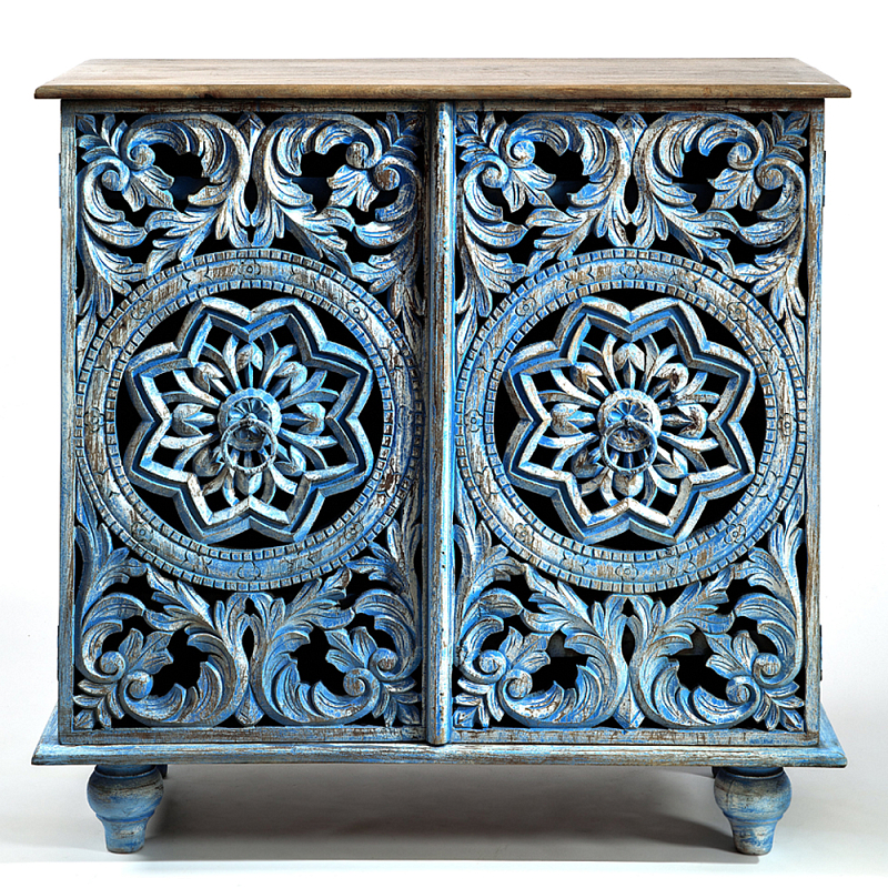 Комод с резным фасадом Blue Carved Chest of Drawers Голубой в Саратове | Loft Concept 