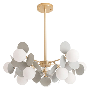 Люстра на штанге с 10-ю белым шарообразным плафоном и декоративными металлическими элементами в виде лепестков серого цвета Matisse