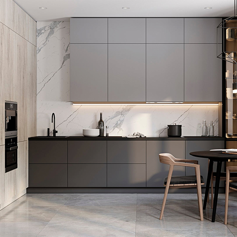 Серый кухонный гарнитур с фасадом под светлый дуб Ferrand Kitchen Set Серый Белый Мрамор Bianco Светлый дуб Темно-серый в Саратове | Loft Concept 