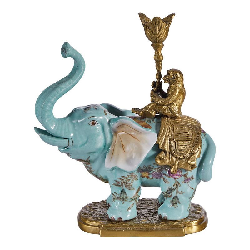Подсвечник в виде слона из фарфора с бронзовыми элементами Elephant in the Garden of Eden Бронза Голубой Мульти в Саратове | Loft Concept 