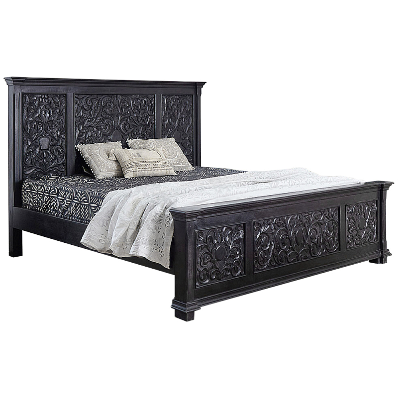 Двуспальная кровать из массива манго с резьбой Vega Grey Mango Bed Черный Серо-бежевый Двуспальная кровать из массива манго с резьбой Vega Grey Mango Bed Черный Серо-бежевый в Саратове | Loft Concept