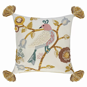 Чехол на подушку с кисточками и вышивкой птиц Ethnic mix Birds Square