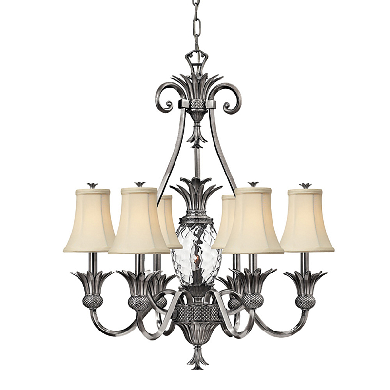 Люстра с 7-ю кремовыми текстильными абажурами Hinkley Никель Белый Бежевый Прозрачное Стекло Бронза в Саратове | Loft Concept 