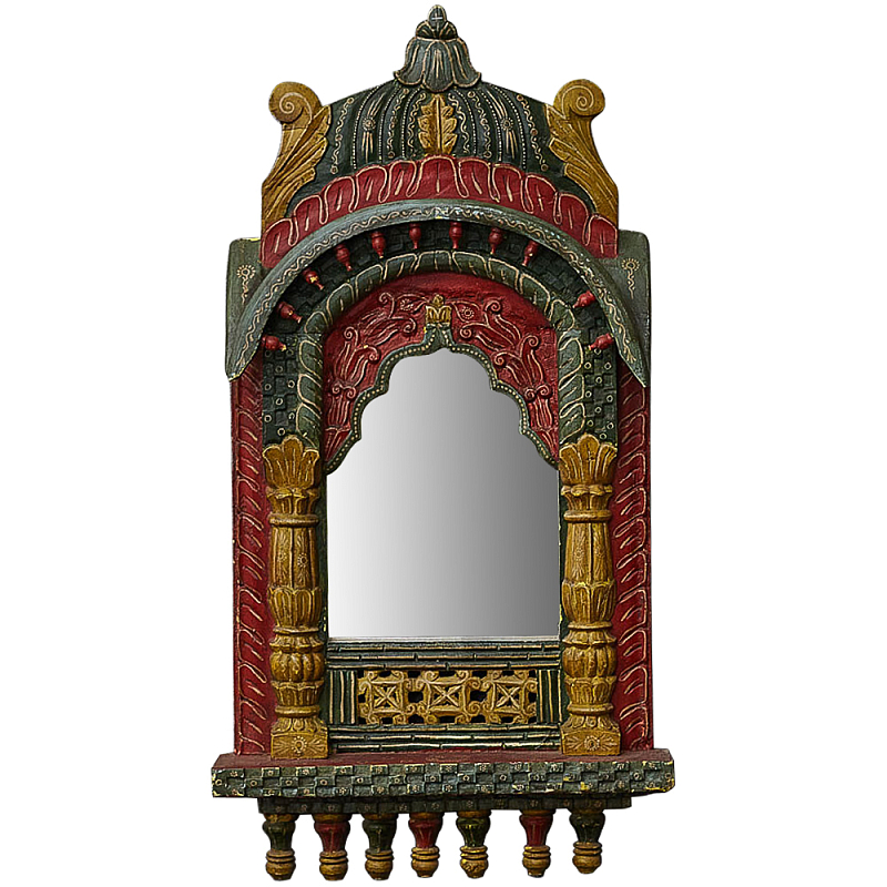 Настенное зеркало в резной раме из тропического дерева Carved Wood Mirror Colorful Красный Зеленый Желтый в Саратове | Loft Concept 