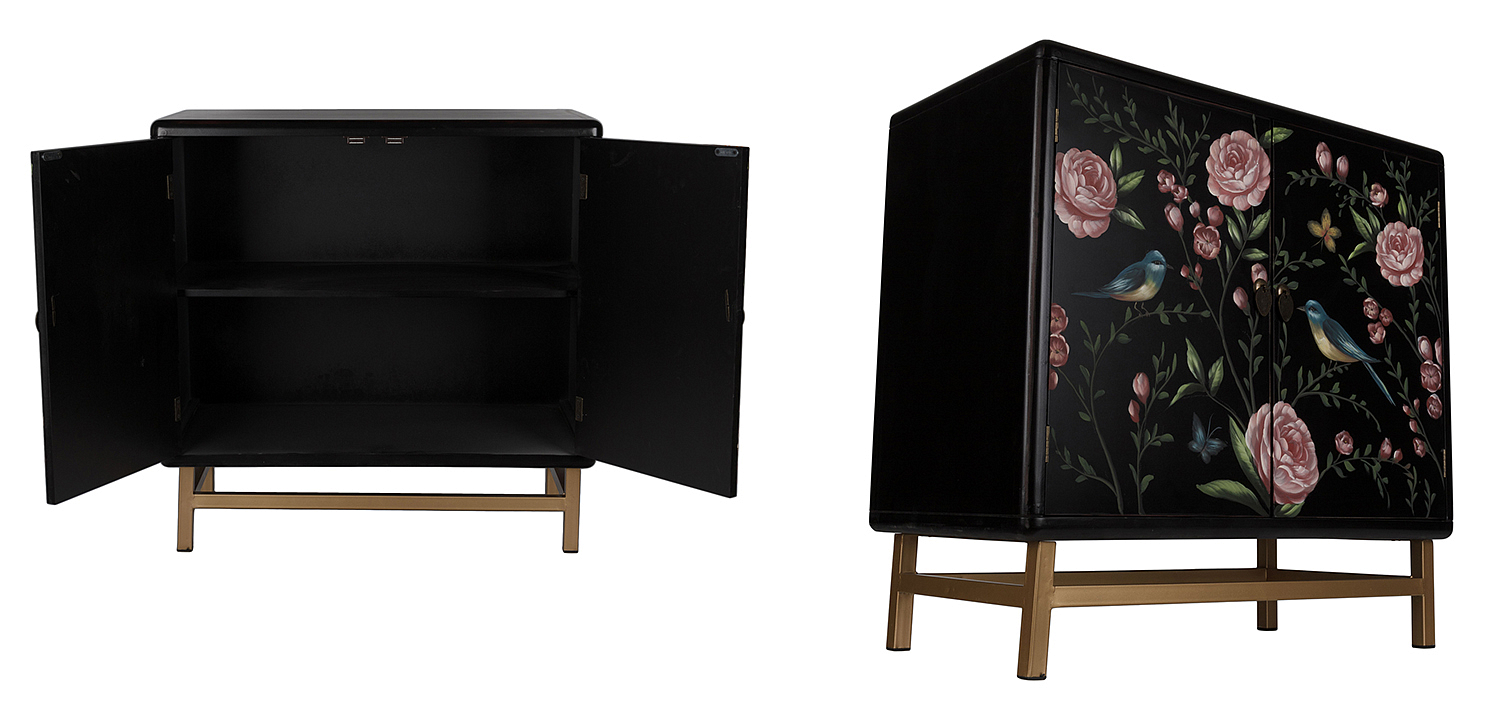 Комод с росписью птицы и цветы Black Chest Of Drawers Peonies Черный Комод с росписью птицы и цветы Black Chest Of Drawers Peonies Черный - Loft-Concept в Саратове