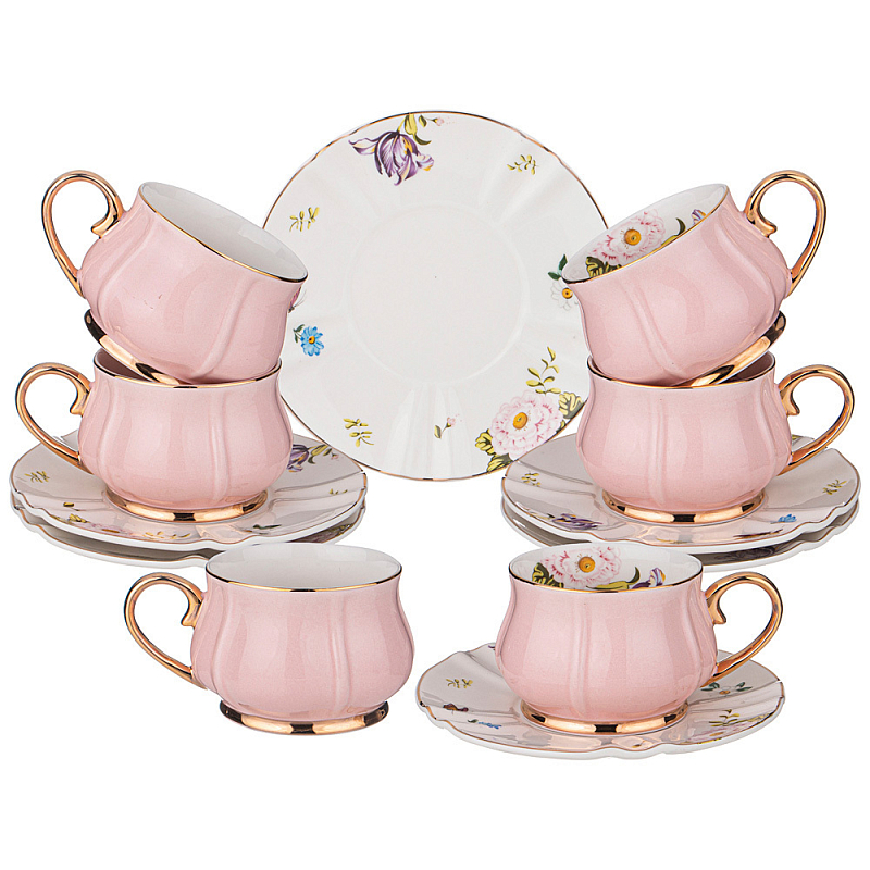 Чайный набор из фарфора на 6 персон 12 предметов Tea Porcelain Set Белый Золотой Розовый в Саратове | Loft Concept 