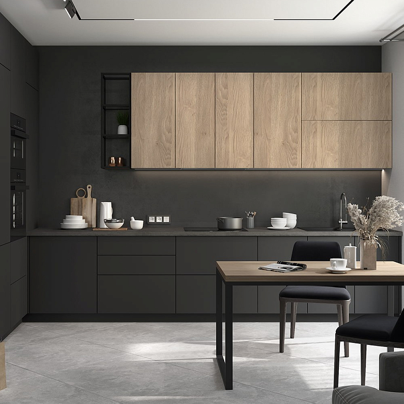 Черный матовый кухонный гарнитур с фасадом под дерево Renart Kitchen Set Черный матовый Древесина в Саратове | Loft Concept 