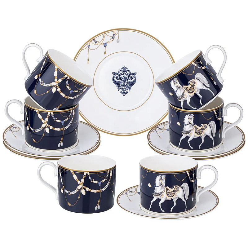 Чайный набор из фарфора с изображением лошадей на 6 персон 12 предметов Porcelain Horse Set Белый Синий в Саратове | Loft Concept 