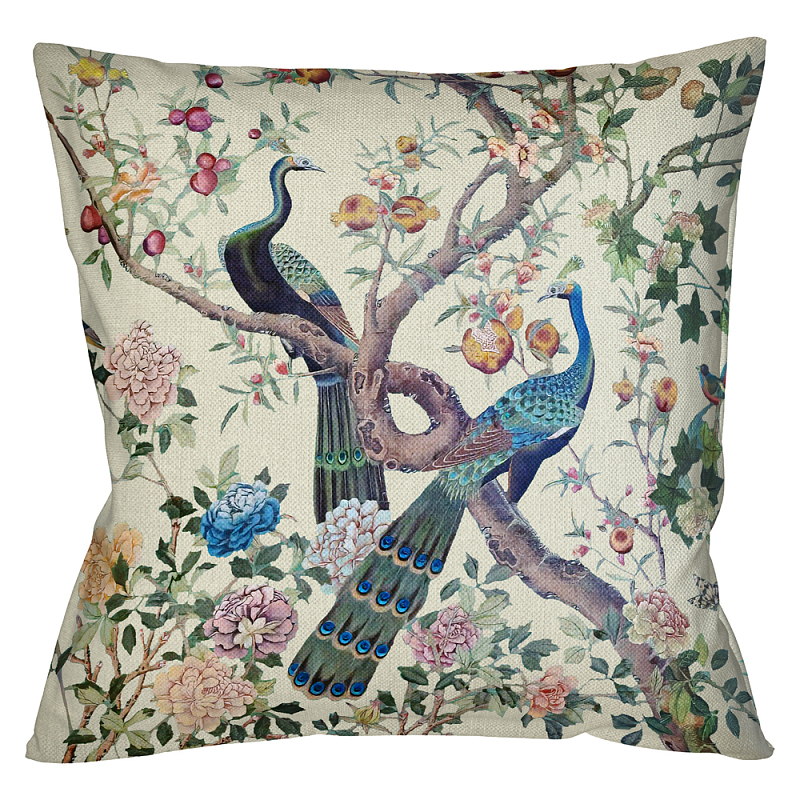 Подушка декоративная с изображением павлинов в саду Beige Chinoiserie Garden Two Peacocks Cushion Бежевый Мульти Подушка декоративная с изображением павлинов в саду Beige Chinoiserie Garden Two Peacocks Cushion Бежевый Мульти в Саратове | Loft Concept