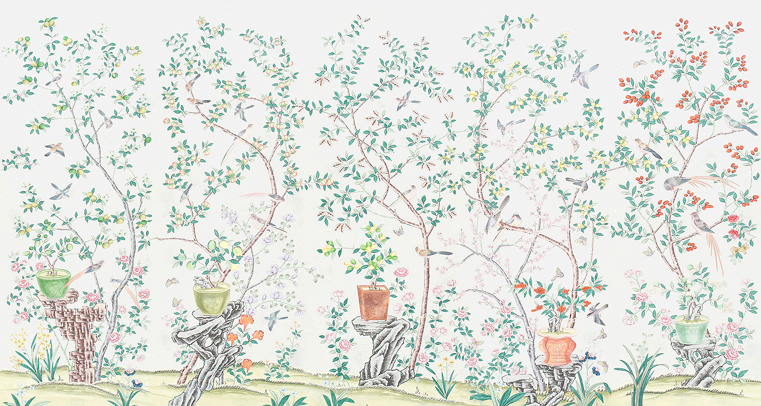 Обои ручная роспись Jardinieres & Citrus Trees Natural Mica Обои ручная роспись Jardinieres & Citrus Trees Natural Mica - Loft-Concept в Саратове