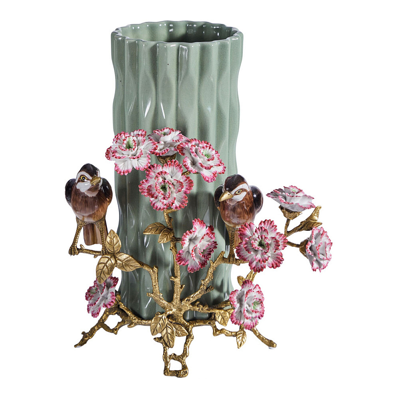 Ваза с птицами и цветами из фарфора с бронзовыми элементами Garden of Eden Бронза Мульти Зеленый в Саратове | Loft Concept 