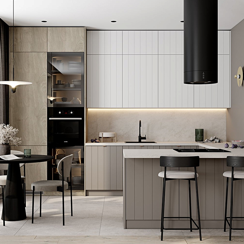 Кухонный гарнитур с фасадом в полоску Rainier Kitchen Set Серый Бежевый Белый Древесина в Саратове | Loft Concept 