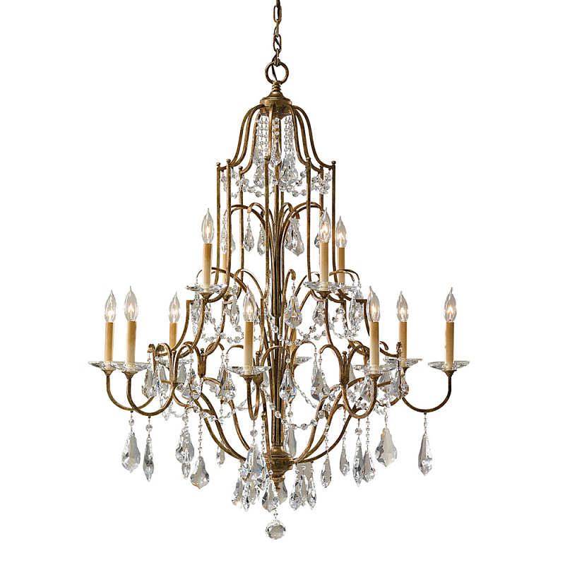 Люстра многоярусная с 12-ю лампами и стеклянными подвесками в классическом стиле Feiss Бронза Прозрачное Стекло в Саратове | Loft Concept 