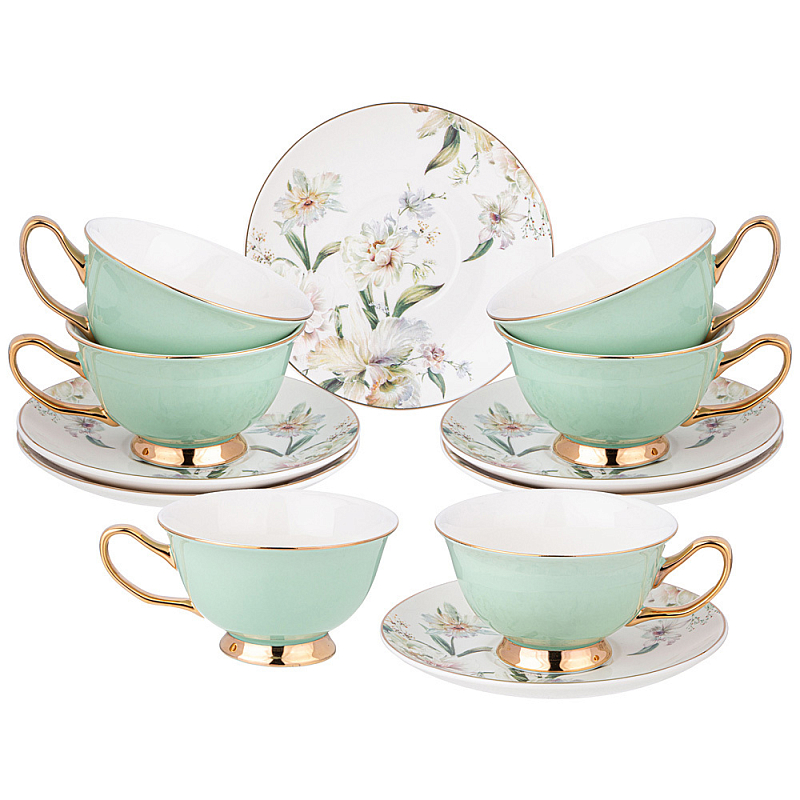 Чайный набор из фарфора на 6 персон Tea Porcelain Set Белый Золотой Зеленый в Саратове | Loft Concept 