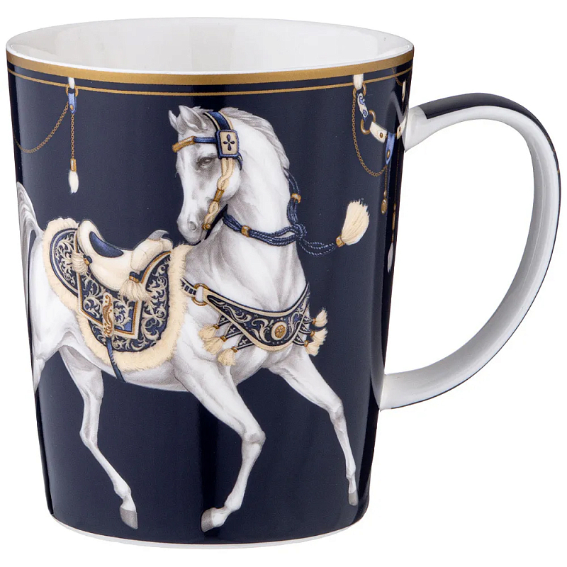 Кружка из фарфора синяя с изображением лошади 400 мл Porcelain Horse Set Белый Синий Золотой в Саратове | Loft Concept 