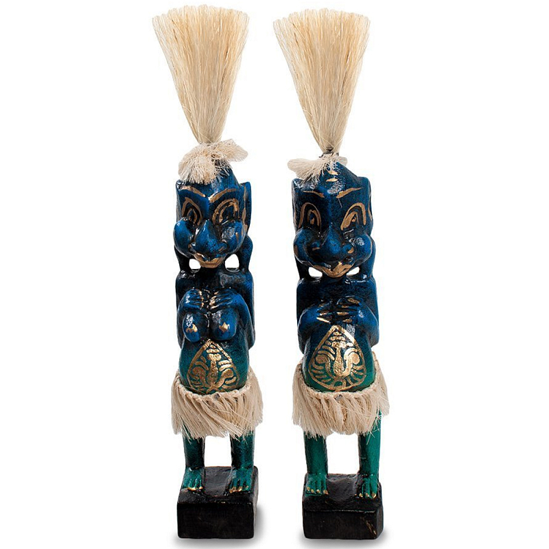 Комплект из 2-х деревянных статуэток Asmat Straw Headdress Statuettes Blue Tattoo Синий Бирюзовый Бежевый Золотой Мульти в Саратове | Loft Concept 