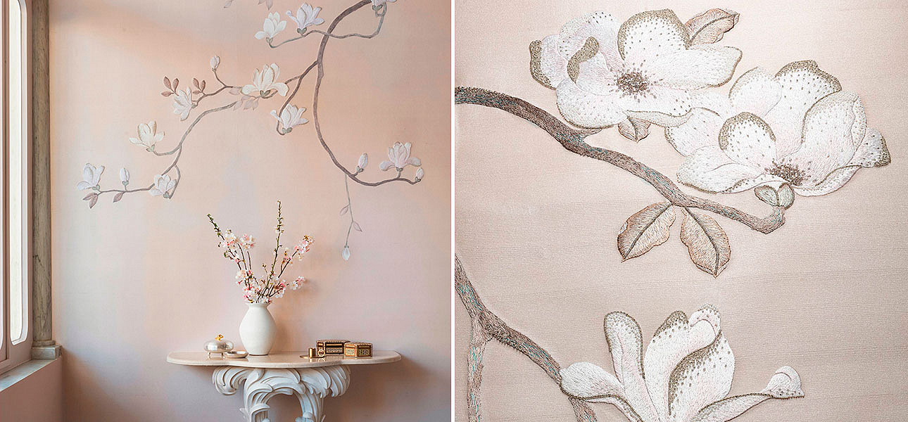 Обои Magnolia Canopy Original colourway on Rose Water metallic slub silk Обои Magnolia Canopy Original colourway on Rose Water metallic slub silk - Loft-Concept в Саратове