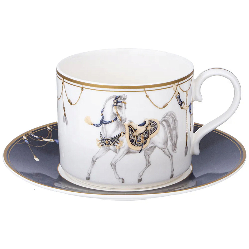 Чайная пара из фарфора с изображением лошади 300 мл Porcelain Horse Set 2 Белый Синий Золотой в Саратове | Loft Concept 