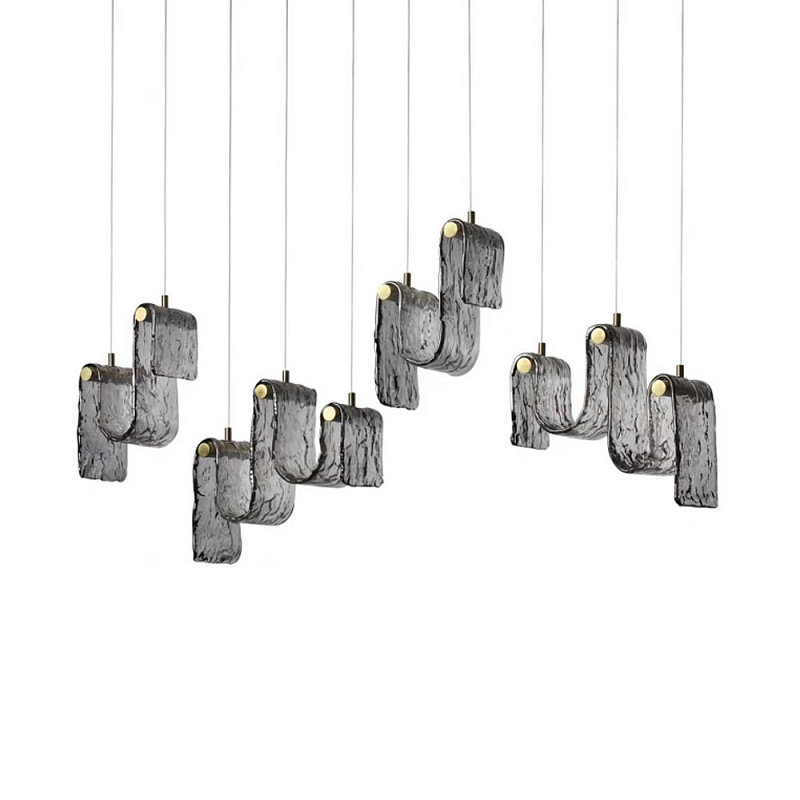 Подвесной светильник линейный с плафонами волнистой формы из фактурного стекла Big Wave Дымчатый (Smoke) Янтарный в Саратове | Loft Concept 