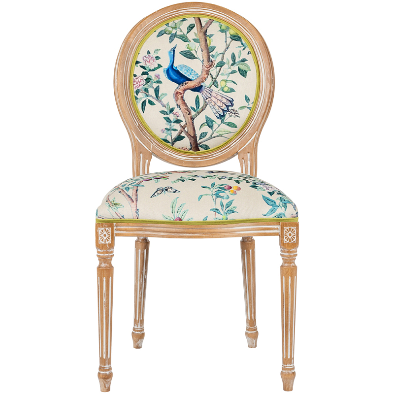 Стул из массива бука бежевый с изображением птиц в саду Beige Green Chinoiserie Blue Bird Chair Бежевый Мульти Салатовый в Саратове | Loft Concept 