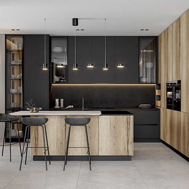Черный матовый кухонный гарнитур с фасадом под дерево Axelle Kitchen Set Черный матовый Древесина Черный матовый кухонный гарнитур с фасадом под дерево Axelle Kitchen Set Черный матовый Древесина в Саратове | Loft Concept