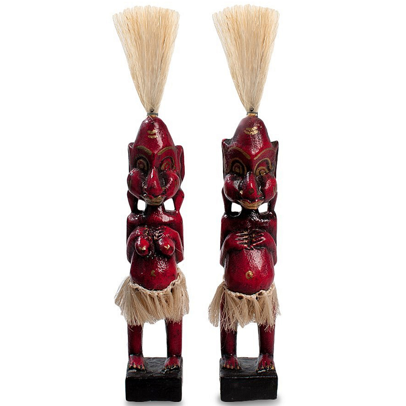 Комплект из 2-х деревянных статуэток Asmat Straw Headdress Statuettes Red Красный Черный Бежевый в Саратове | Loft Concept 