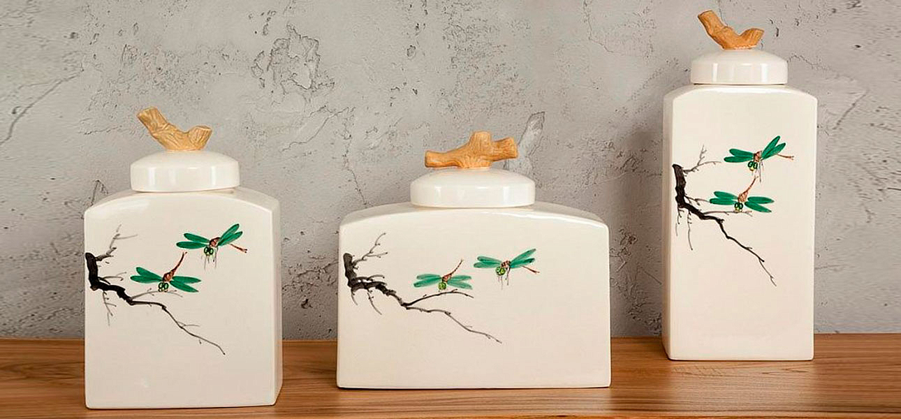 Ваза низкая с крышкой керамическая стрекоза Ornament Ваза низкая с крышкой керамическая стрекоза Ornament - Loft-Concept в Саратове
