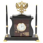 Часы настольные с Гербом России и 2-мя шариковыми ручками в комплекте Stone Clock варинант исполнения - 5 | Loft Concept в Саратове