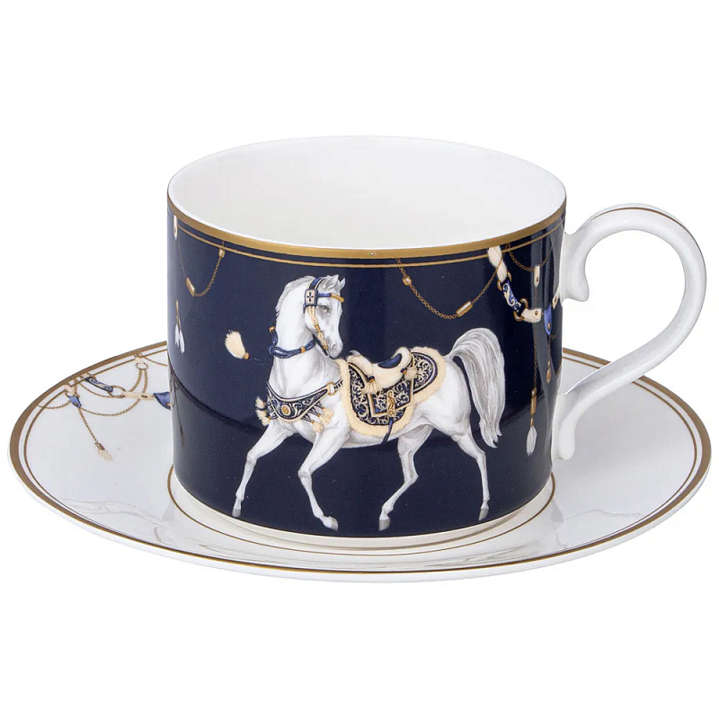 Чайная пара из фарфора с изображением лошади 300 мл Porcelain Horse Set  Белый Синий Золотой в Саратове | Loft Concept 