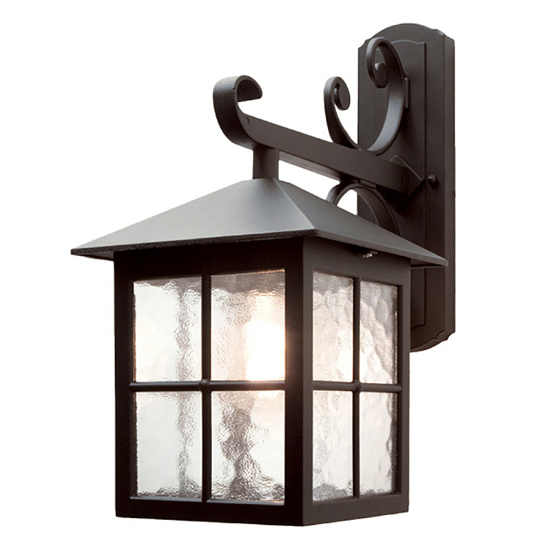 Настенный фонарь черного цвета в форме фонаря с решетчатым плафоном и фактурным стеклом Elstead Lighting Черный Прозрачное Стекло в Саратове | Loft Concept 