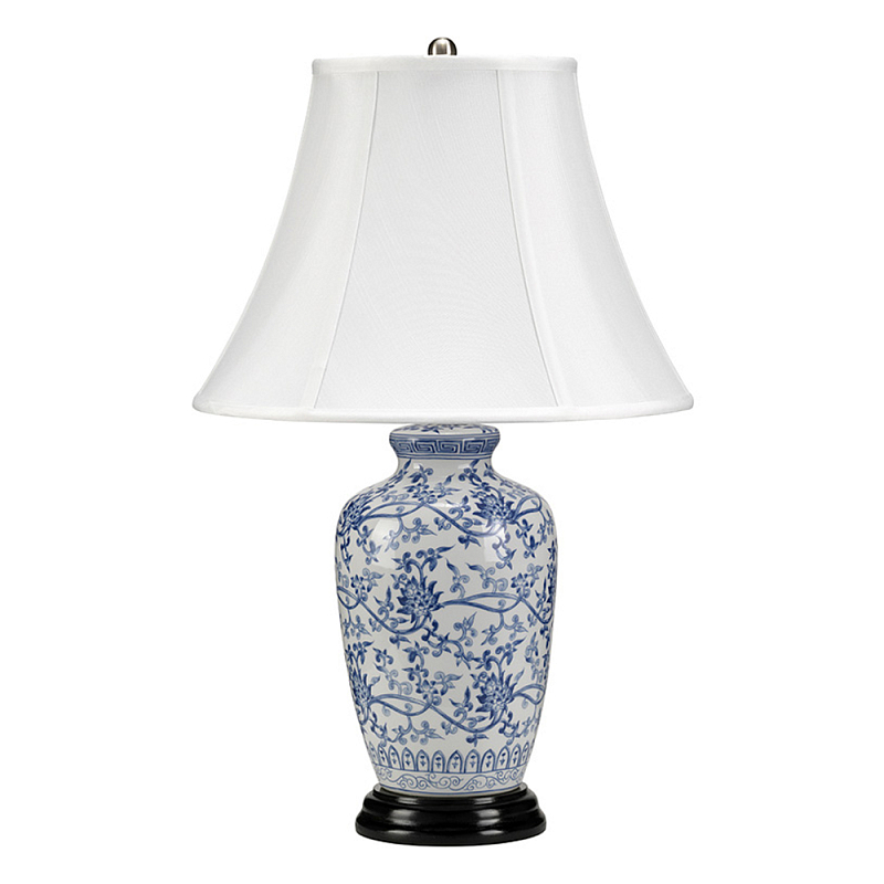 Настольная лампа с фарфоровым основанием с декоративным орнаментом и белым абажуром на темной круглой подставке Elstead Lighting Белый Синий Никель Черный Золотой Серебряный в Саратове | Loft Concept 
