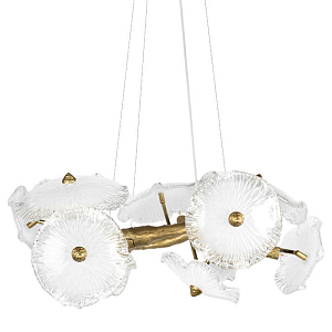 Люстра подвесная круглая с ветвистыми бронзовыми элементами и стеклянными рифлеными дисками Textured Glass Chandelier