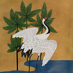 Обои ручная роспись Tsuro Cranes Original colourway on Gold Bullion gilded silk варинант исполнения - 1 | Loft Concept в Саратове