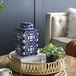 Ваза прямоугольной формы с крышкой и геометрическим узором в сине-белых цветах Blue & White Ornament  варинант исполнения - 7 | Loft Concept в Саратове