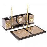 Настольный письменный набор из бежевого мрамора с часами и гербом Marble Accessory варинант исполнения - 2 | Loft Concept в Саратове