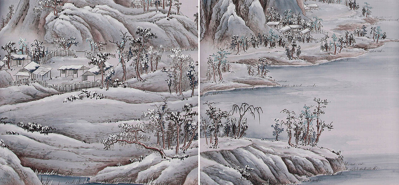 Обои ручная роспись A Thousand Li of Rivers and Mountains Special Colourway on Lilac Hint dyed silk Обои ручная роспись A Thousand Li of Rivers and Mountains Special Colourway on Lilac Hint dyed silk - Loft-Concept в Саратове