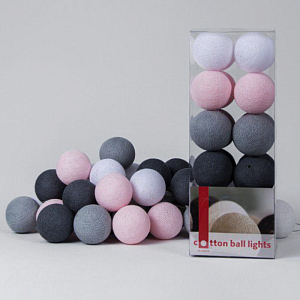 Гирлянда хлопковые фонарики Сotton Ball Pink-Grey