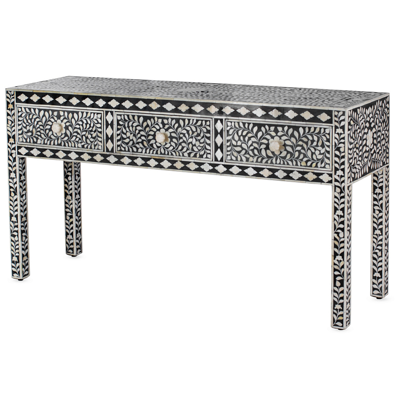 Консоль черный орнамент отделка кость BONE INLAY CONSOL TABLE 3 DRAWER ivory ( слоновая кость ) Черный Консоль черный орнамент отделка кость BONE INLAY CONSOL TABLE 3 DRAWER ivory ( слоновая кость ) Черный в Саратове | Loft Concept