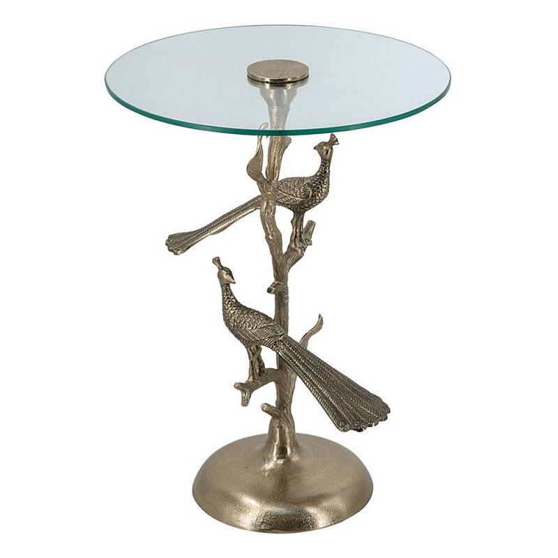 Столик с круглой стеклянной столешницей и корпусом в виде двух павлинов на ветке Table Two Peacocks Золотой Прозрачный в Саратове | Loft Concept 