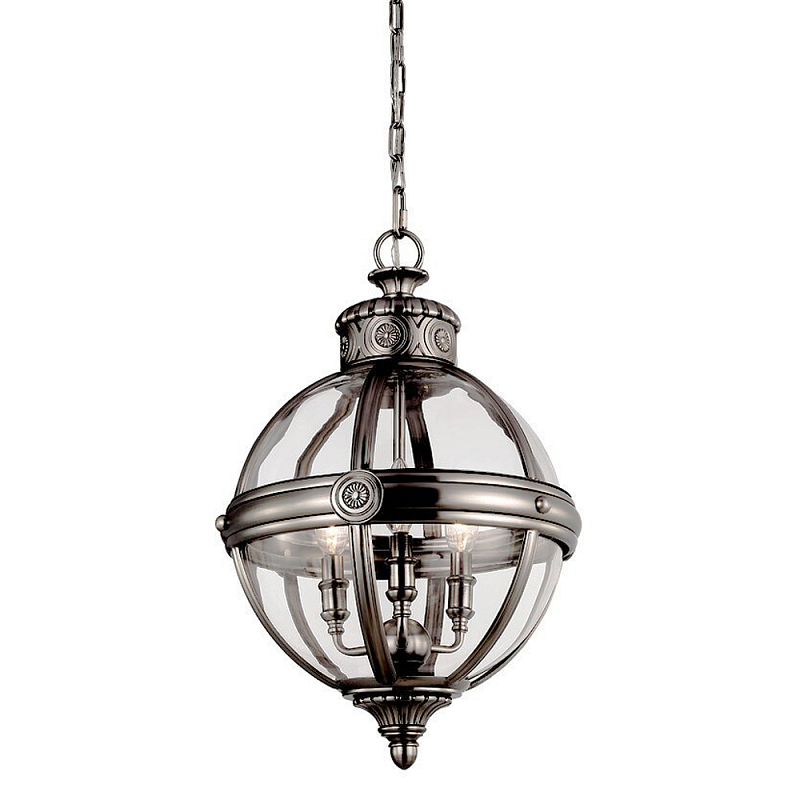 Подвесной светильник с прозрачным стеклянным плафоном в форме шара цвета никеля в индустриальном стиле на цепи 3 лампы Feiss Никель Прозрачное Стекло в Саратове | Loft Concept 