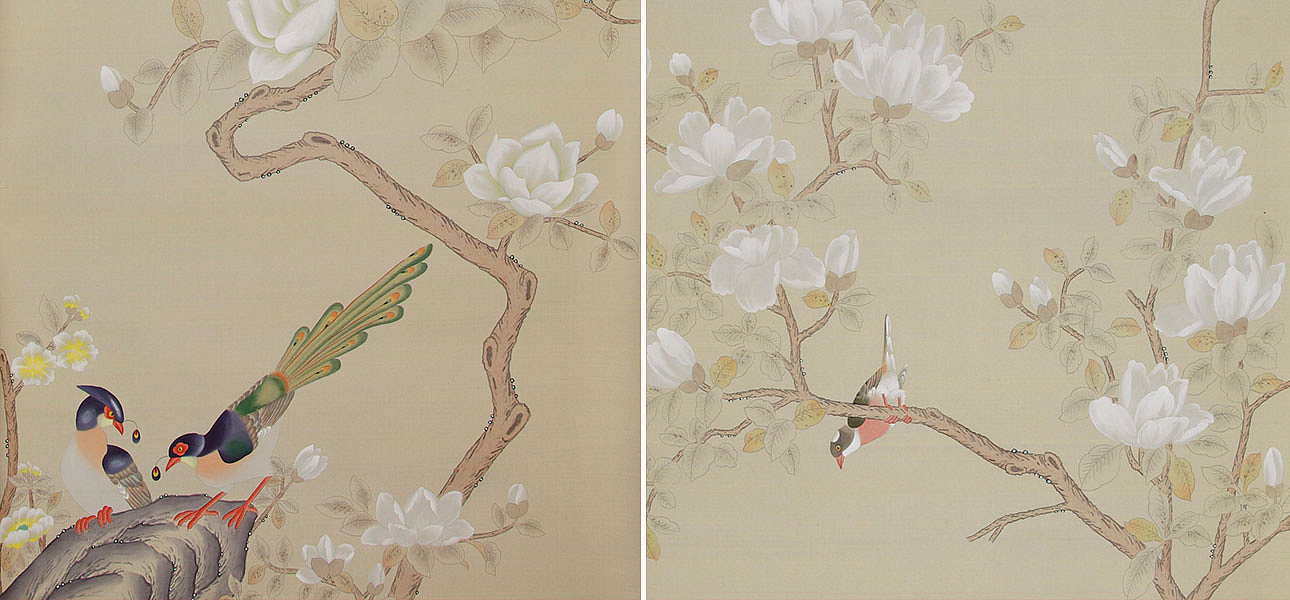 Обои ручная роспись Japanese Garden Special Colourway on Faint Gold metallic silk Обои ручная роспись Japanese Garden Special Colourway on Faint Gold metallic silk - Loft-Concept в Саратове