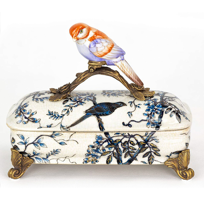 Шкатулка Box Blue Ornament with Bird Белый Бронза Синий Шкатулка Box Blue Ornament with Bird Белый Бронза Синий в Саратове | Loft Concept