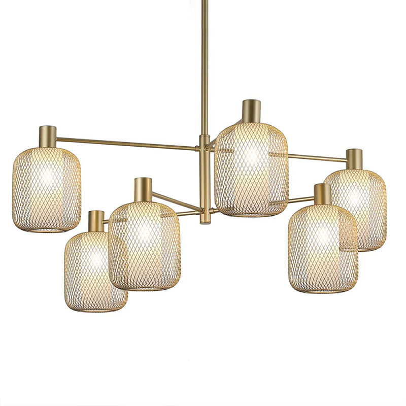 Люстра потолочная с абажурами из металлической сетки Loft Grid Pendant Gold Черный Золотой в Саратове | Loft Concept 