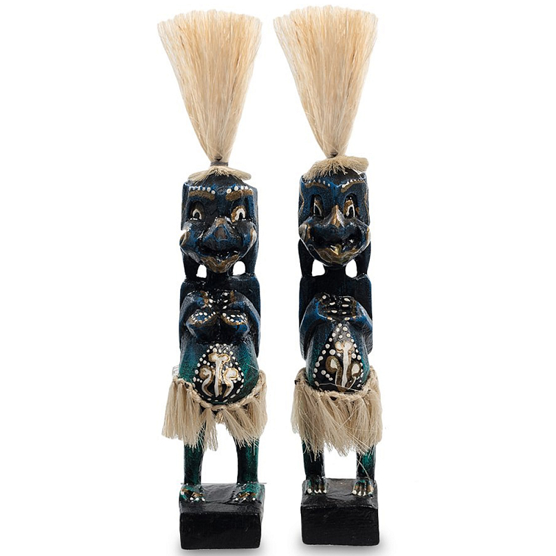 Комплект из 2-х деревянных статуэток Asmat Straw Headdress Statuettes Dark Blue Темно-синий Бирюзовый Черный Бежевый в Саратове | Loft Concept 