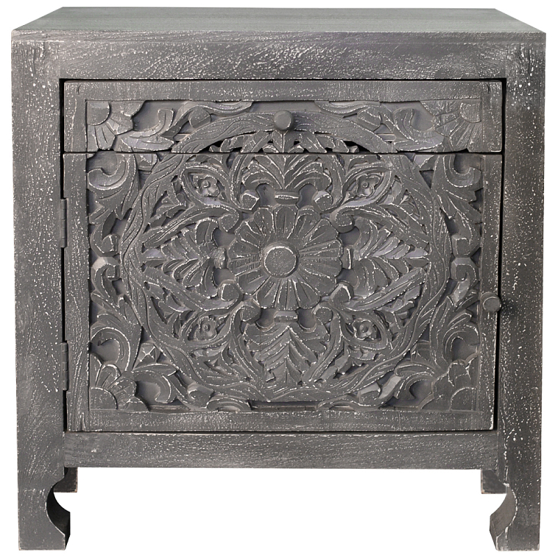 Деревянная тумба с резными ящиком и дверцей Azure Grey Wooden Nightstand Серый Деревянная тумба с резными ящиком и дверцей Azure Grey Wooden Nightstand Серый в Саратове | Loft Concept