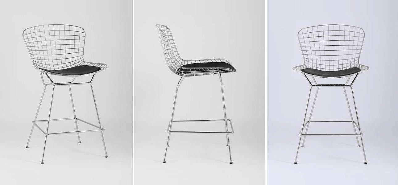 Полубарный стул Bertoia Barstool Хромированный с Черной подушкой Полубарный стул Bertoia Barstool Хромированный с Черной подушкой - Loft-Concept в Саратове
