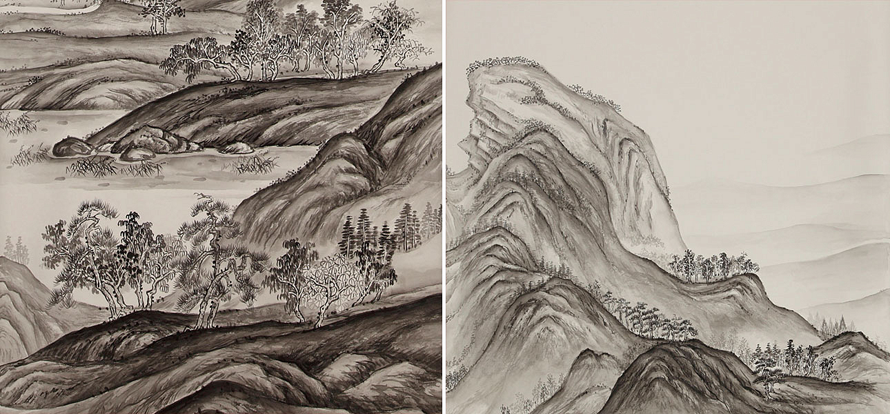 Обои ручная роспись A Thousand Li of Rivers and Mountains Special Colourway on Bleached White dyed silk Обои ручная роспись A Thousand Li of Rivers and Mountains Special Colourway on Bleached White dyed silk - Loft-Concept в Саратове