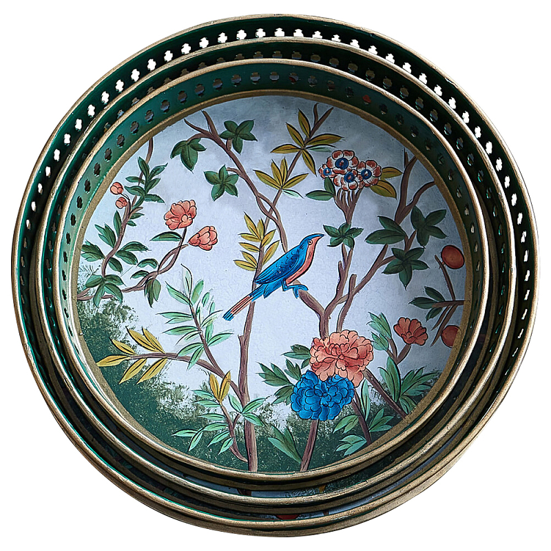 Комплект из 3-х подносов из металла в стиле Шинуазри Chinoiserie Flower Мульти в Саратове | Loft Concept 