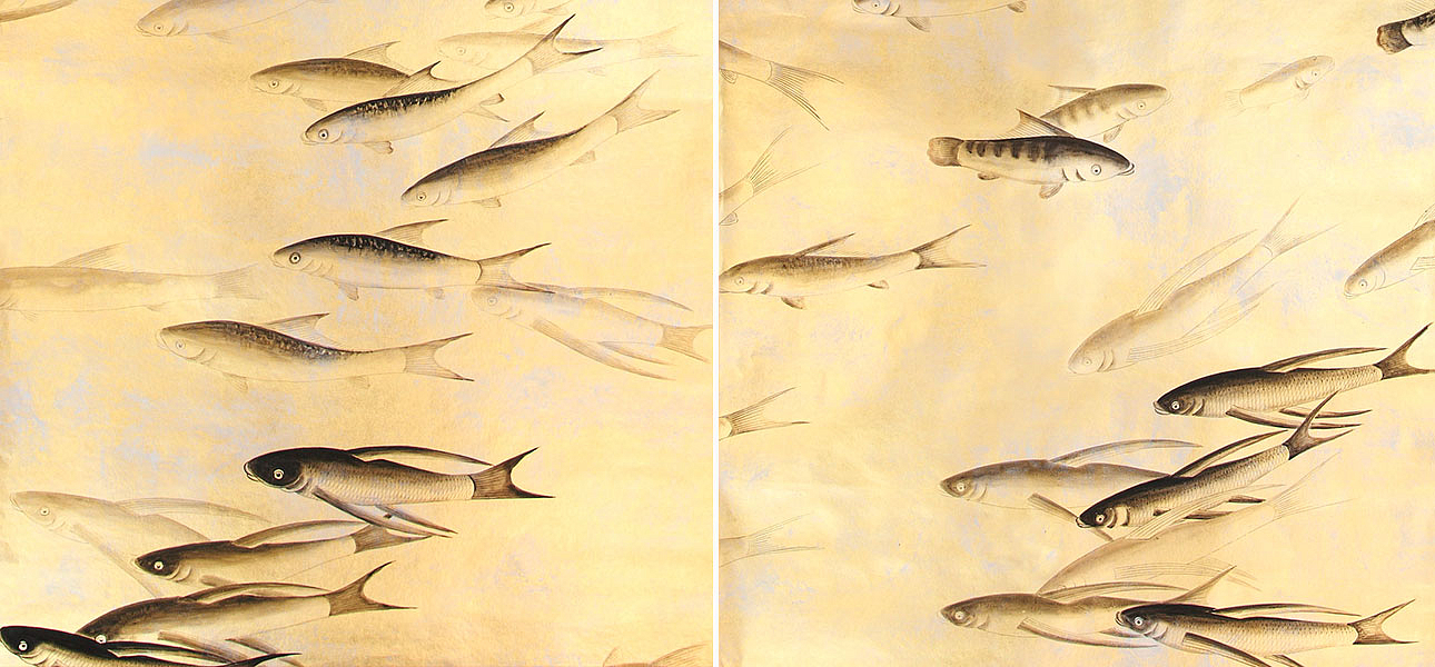 Обои ручная роспись Fishes Original colourway on Deep Rich Gold gilded paper with d?sargenter pearlescent antiquing Обои ручная роспись Fishes Original colourway on Deep Rich Gold gilded paper with d?sargenter pearlescent antiquing - Loft-Concept в Саратове